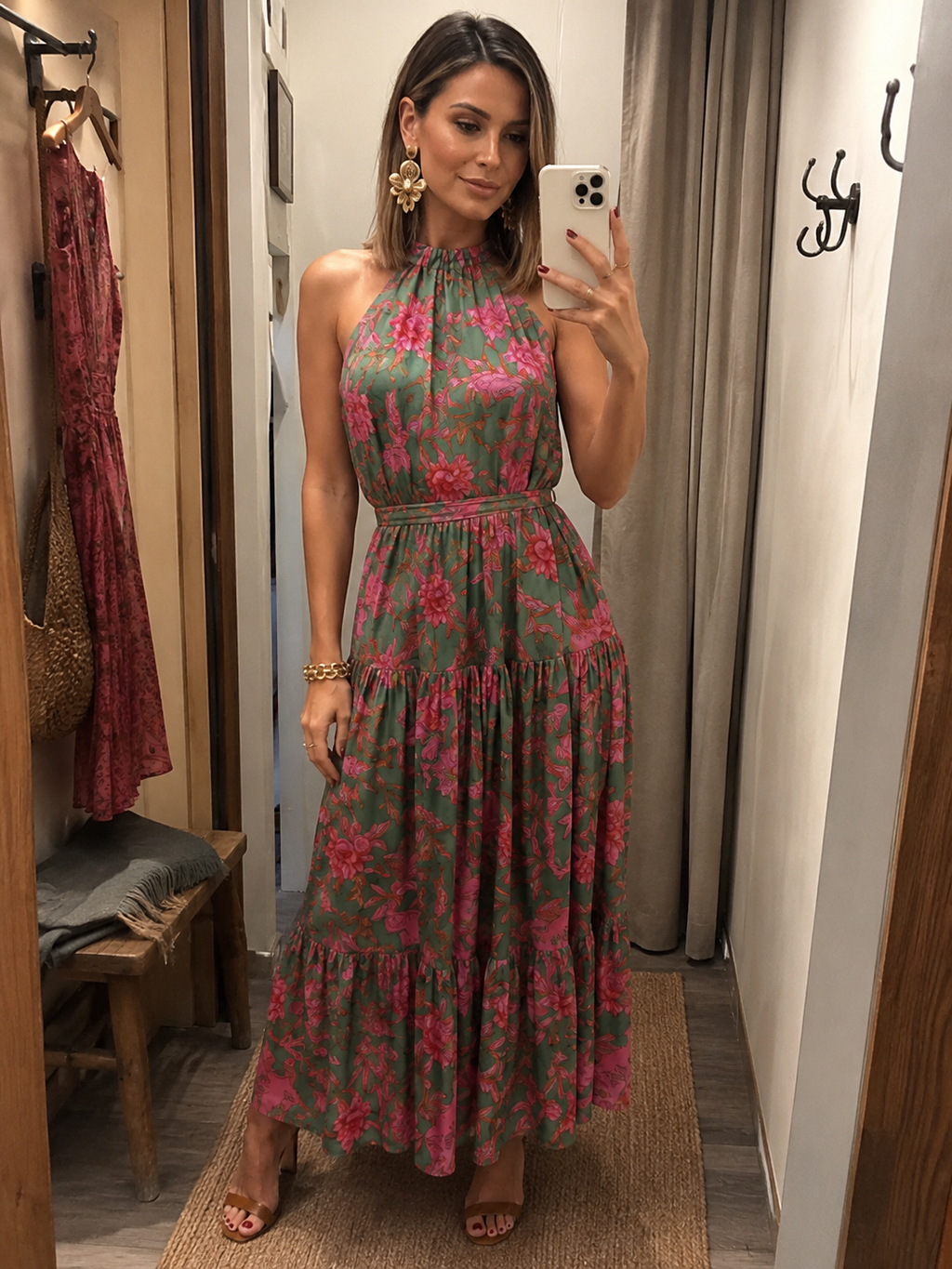 Éliane | Robe Midi Drapée, Col Halter