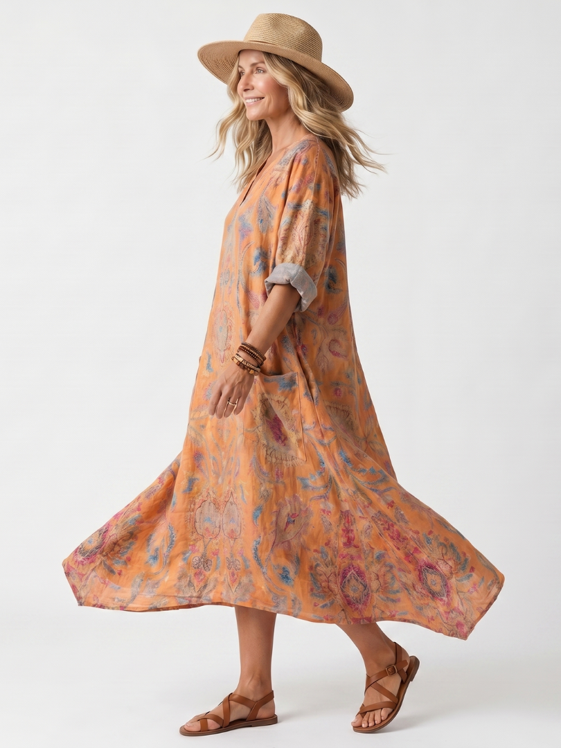 Réjane | Robe Midi Oversize, Col Cranté, Grandes Poches