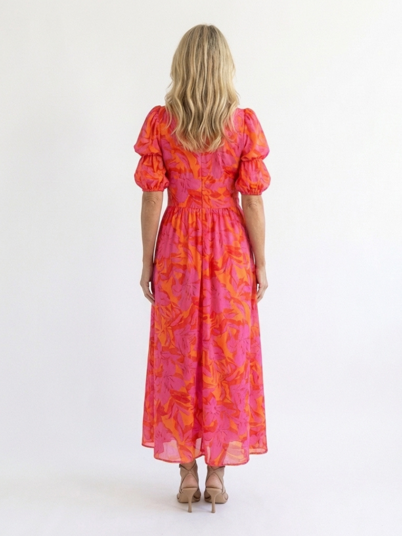 Salomé | Robe midi fleurie à manches bouffantes et col en V