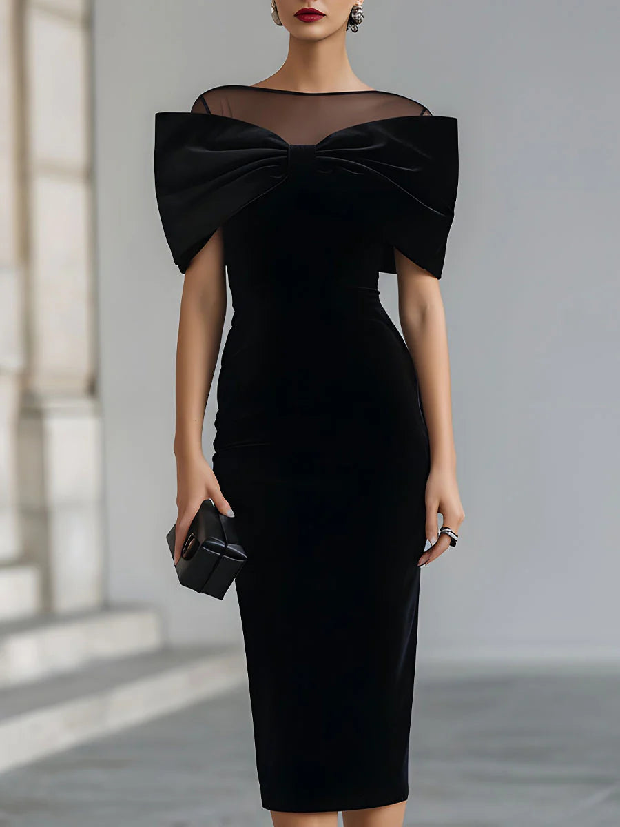 Régine | Robe Midi en Velours Noir, Nœud Spectaculaire