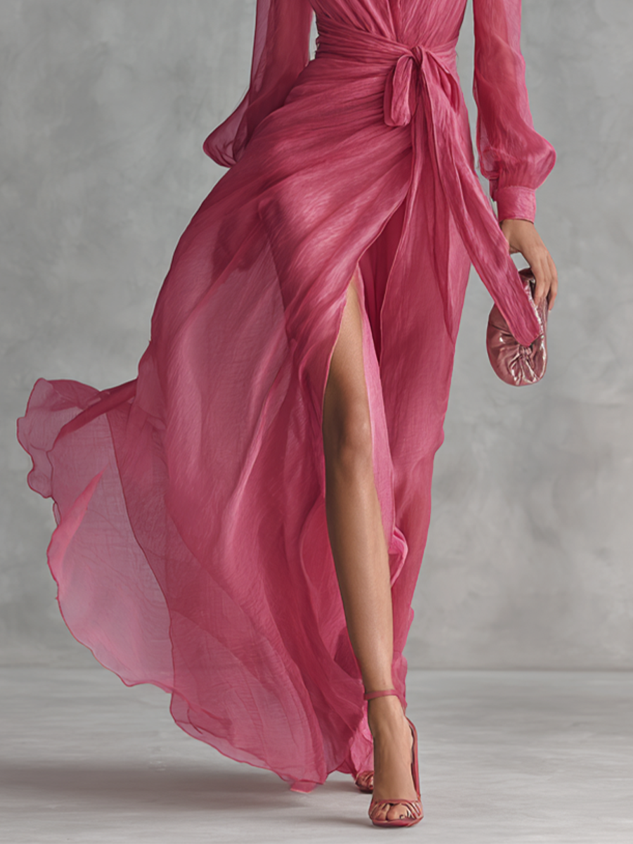 Maylis | Robe Maxi en Mousseline Rose, Col en V