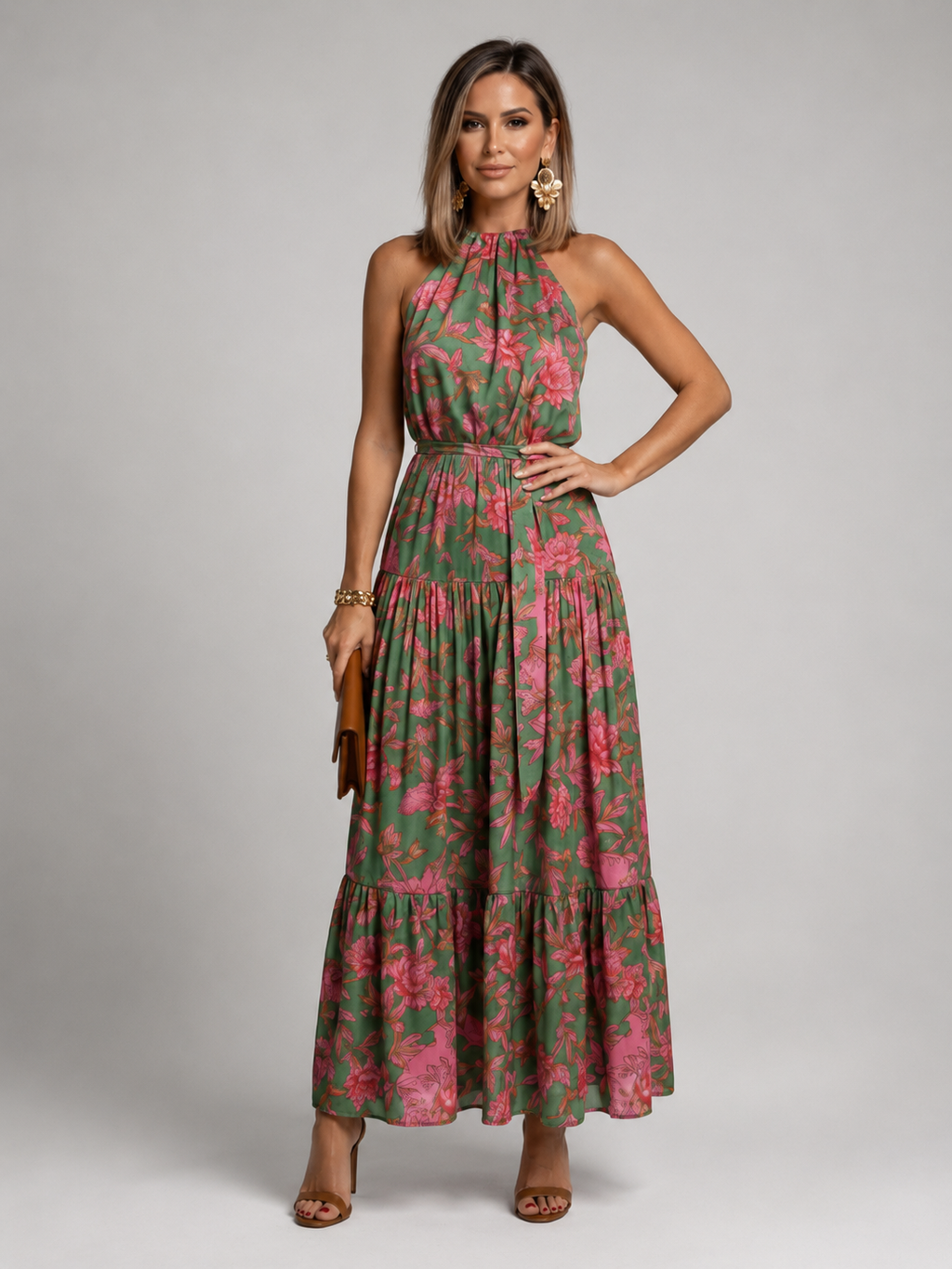 Éliane | Robe Midi Drapée, Col Halter