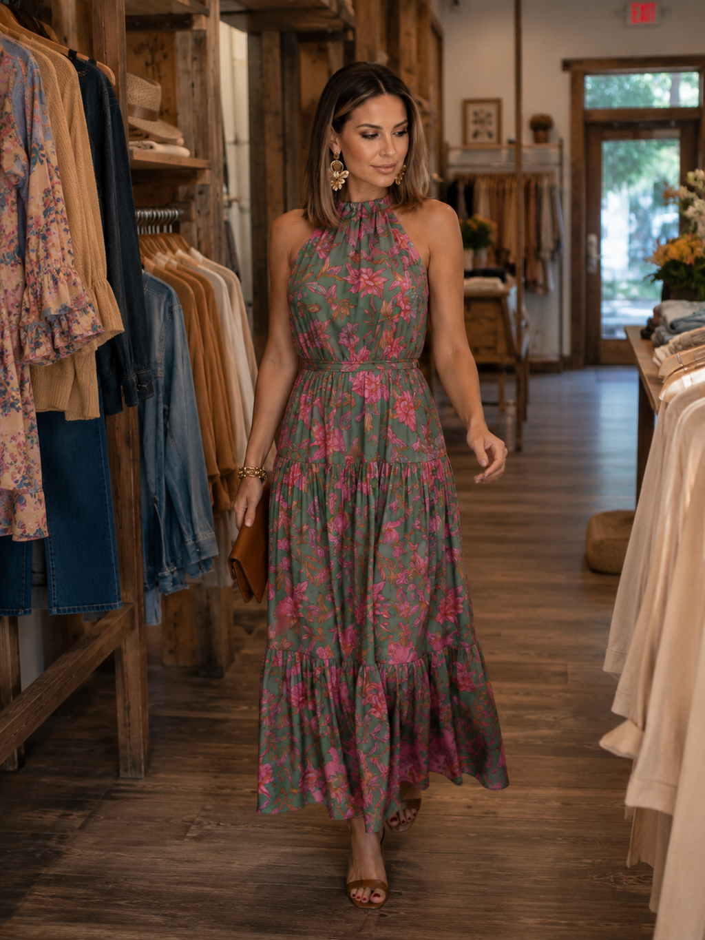Éliane | Robe Midi Drapée, Col Halter