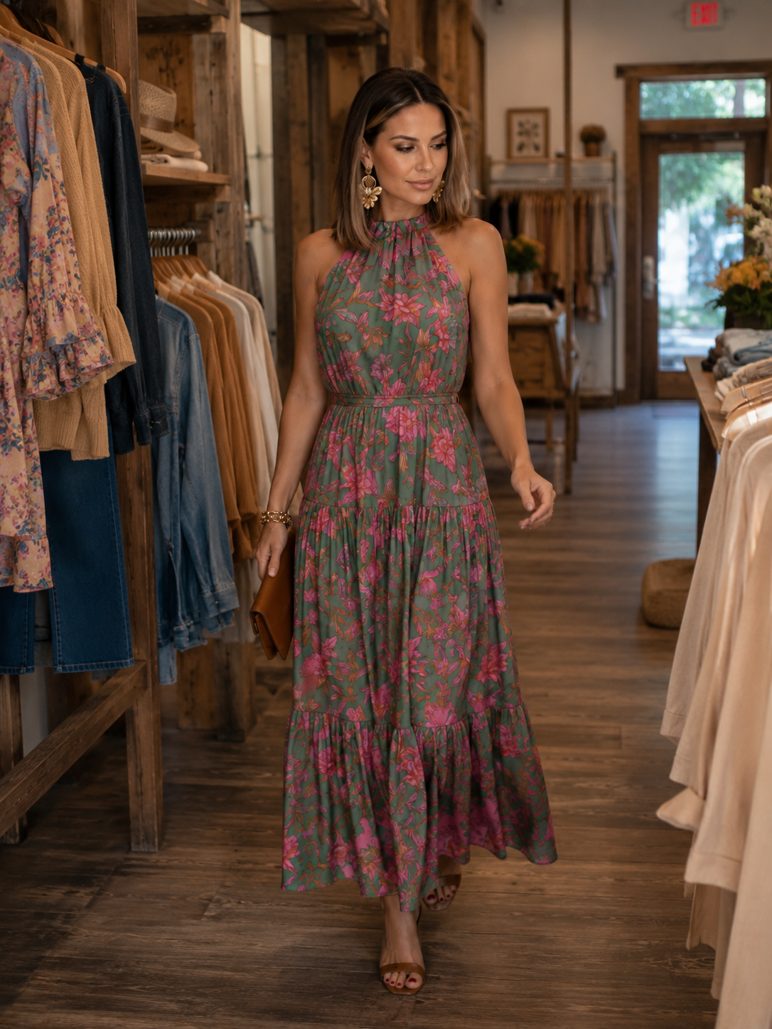 Éliane | Robe Midi Drapée, Col Halter
