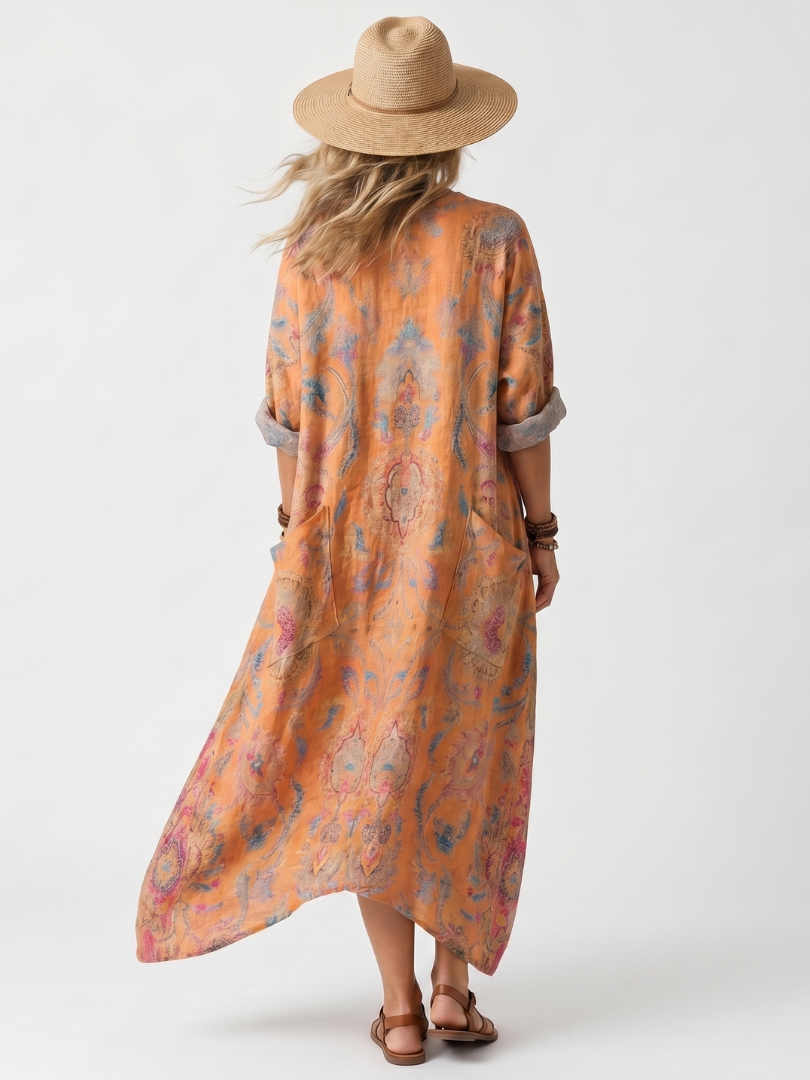 Réjane | Robe Midi Oversize, Col Cranté, Grandes Poches