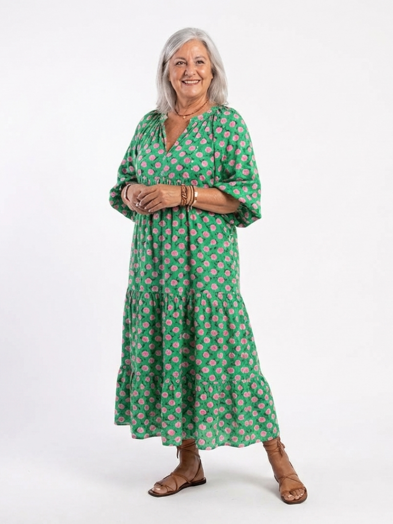Flore | Robe midi à volants et col en V à imprimé fleuri