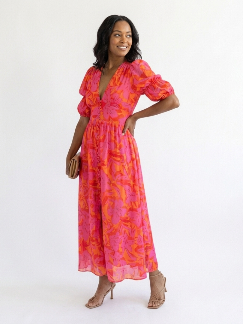 Salomé | Robe midi fleurie à manches bouffantes et col en V