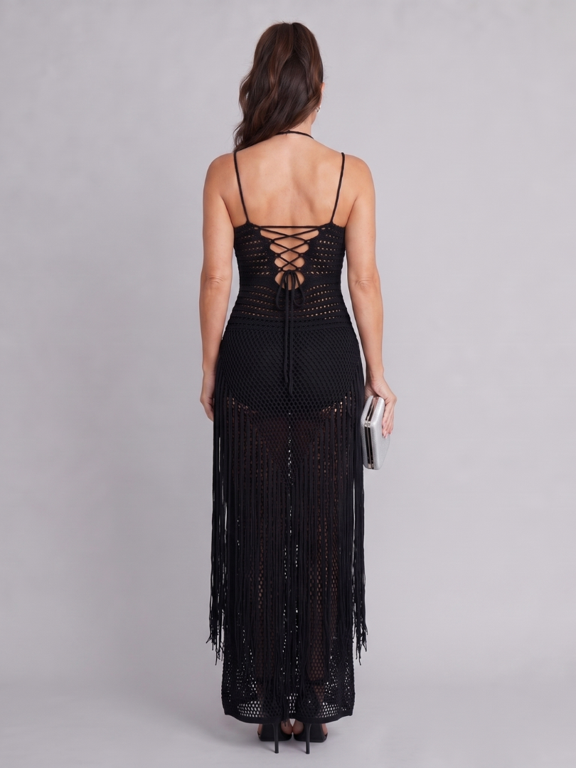 Zéphyrine | Robe Maxi Crochet Halter à Franges