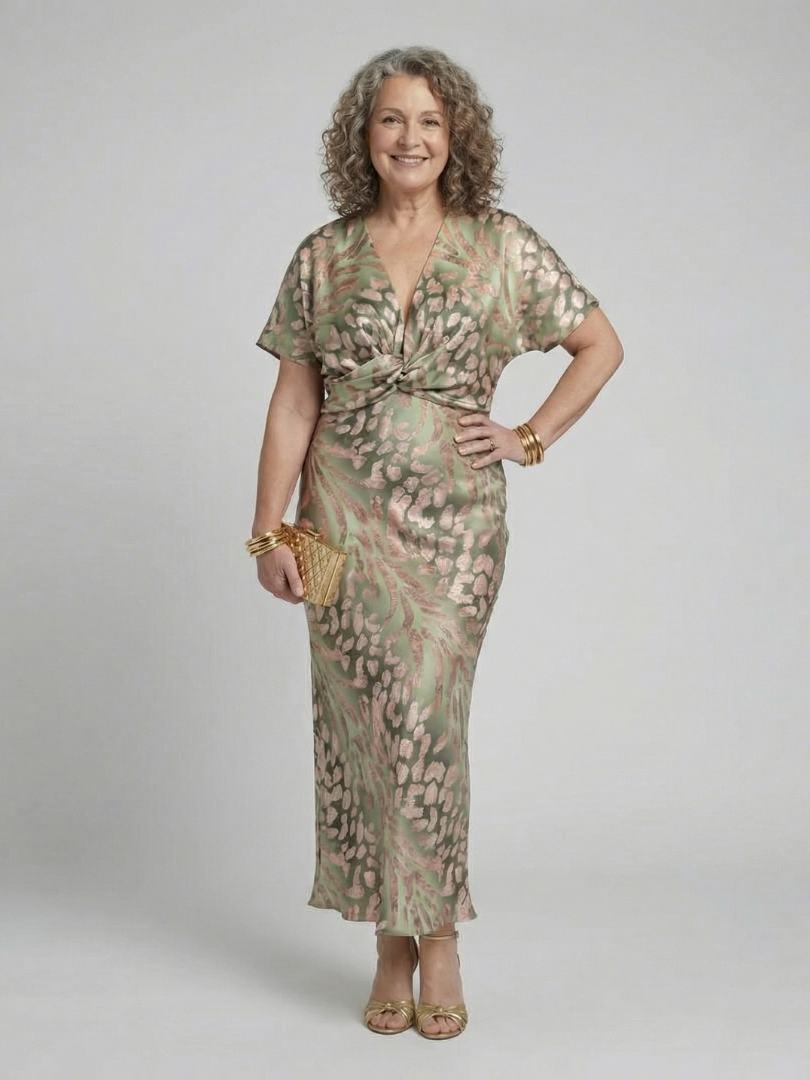 Coralie | Robe midi imprimée à décolleté en V et taille torsadée