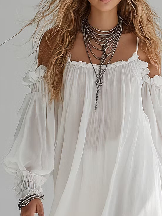 Romane | Mini Robe Flottante Bohème, Épaules Dénudées