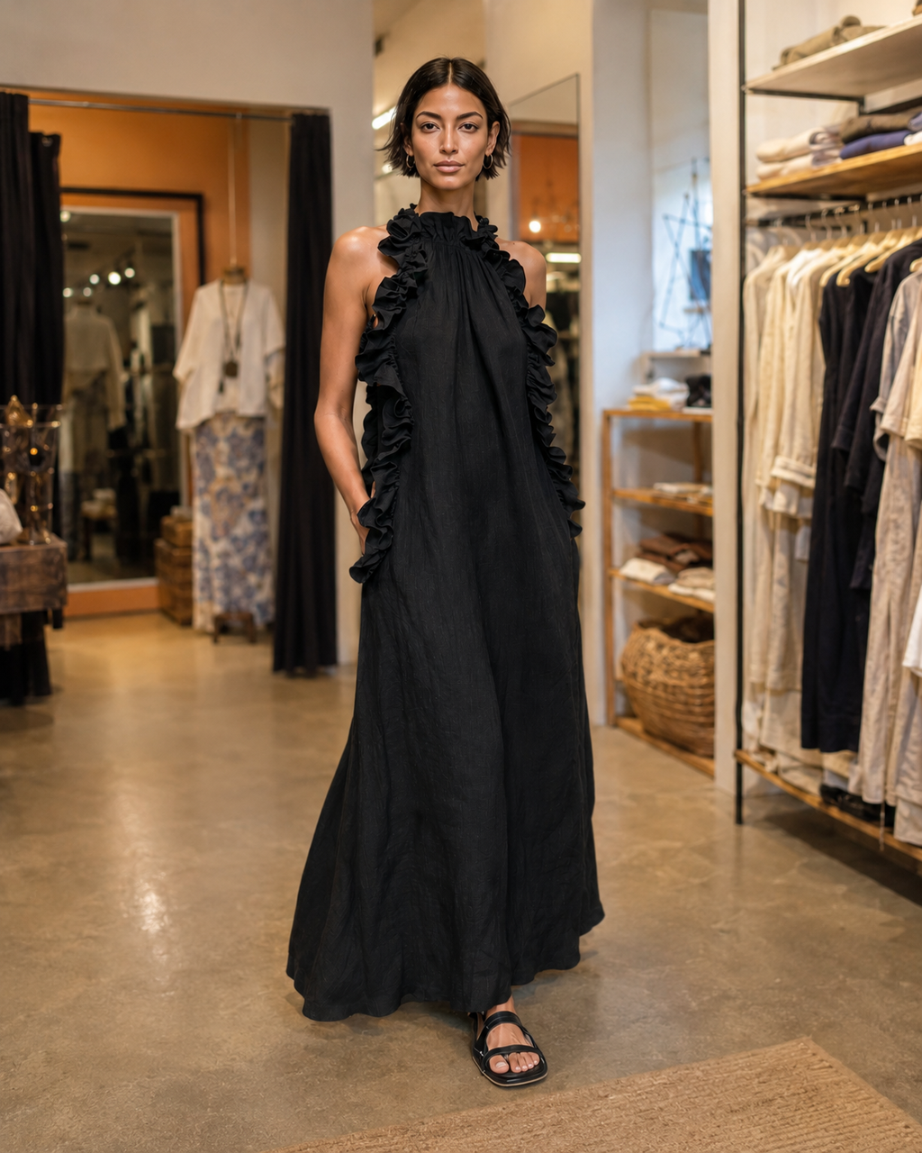 Léonore | Robe Maxi en Lin, Sans Manches, Volants