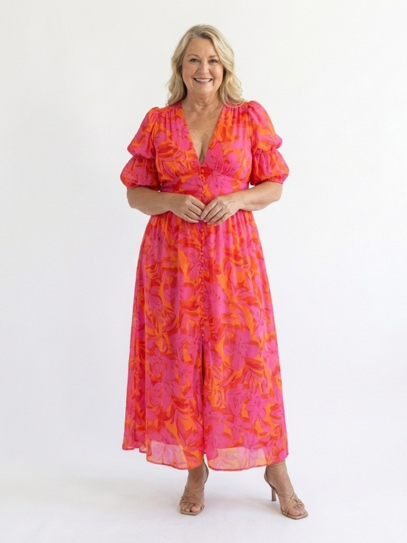 Salomé | Robe midi fleurie à manches bouffantes et col en V
