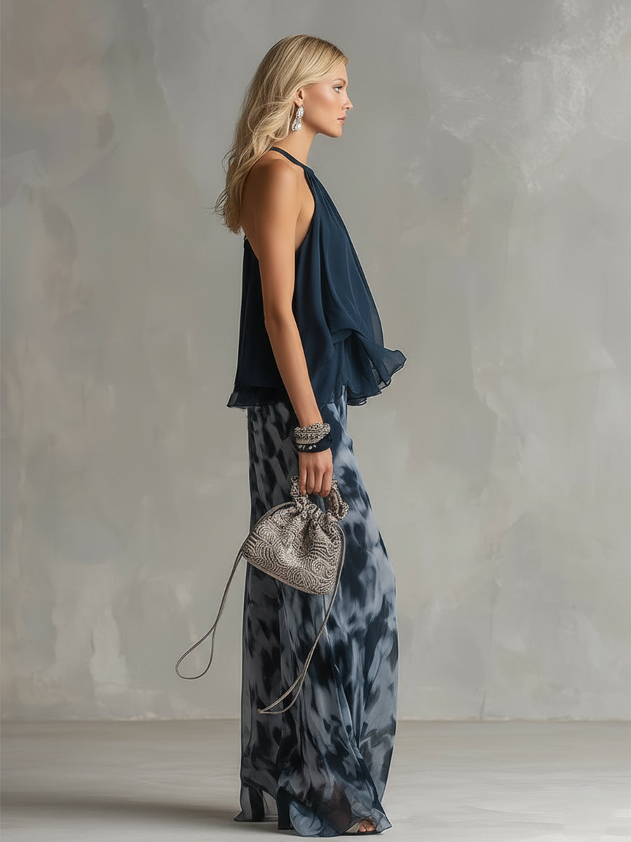 Marie | Ensemble élégant avec haut dos nu bleu marine et pantalon large imprimé