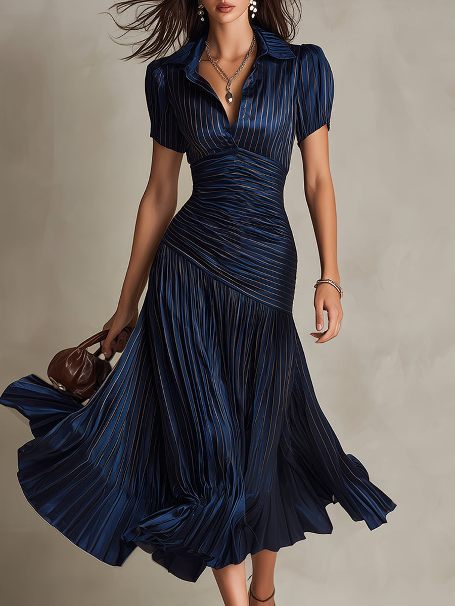 Adriana | Robe midi satinée à rayures rétro