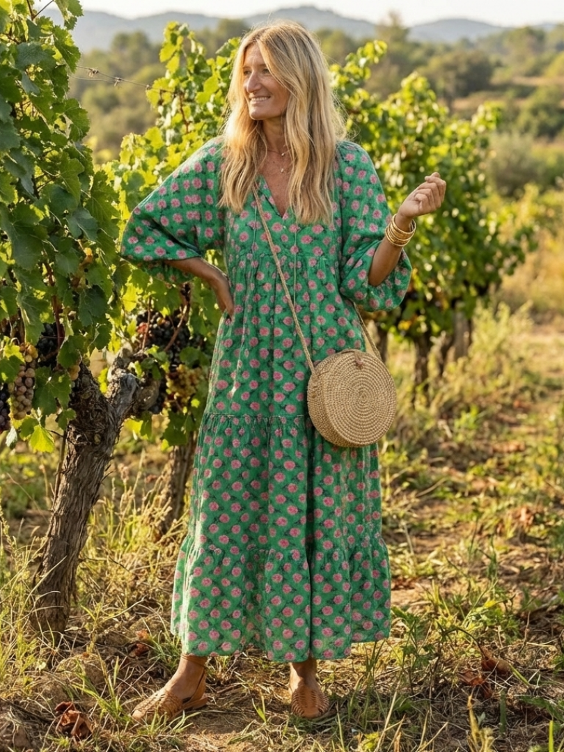 Flore | Robe midi à volants et col en V à imprimé fleuri