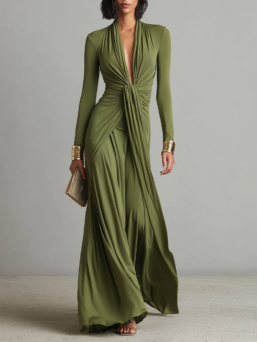 Solène | Robe Maxi en Soie Olive, Profond Décolleté en V