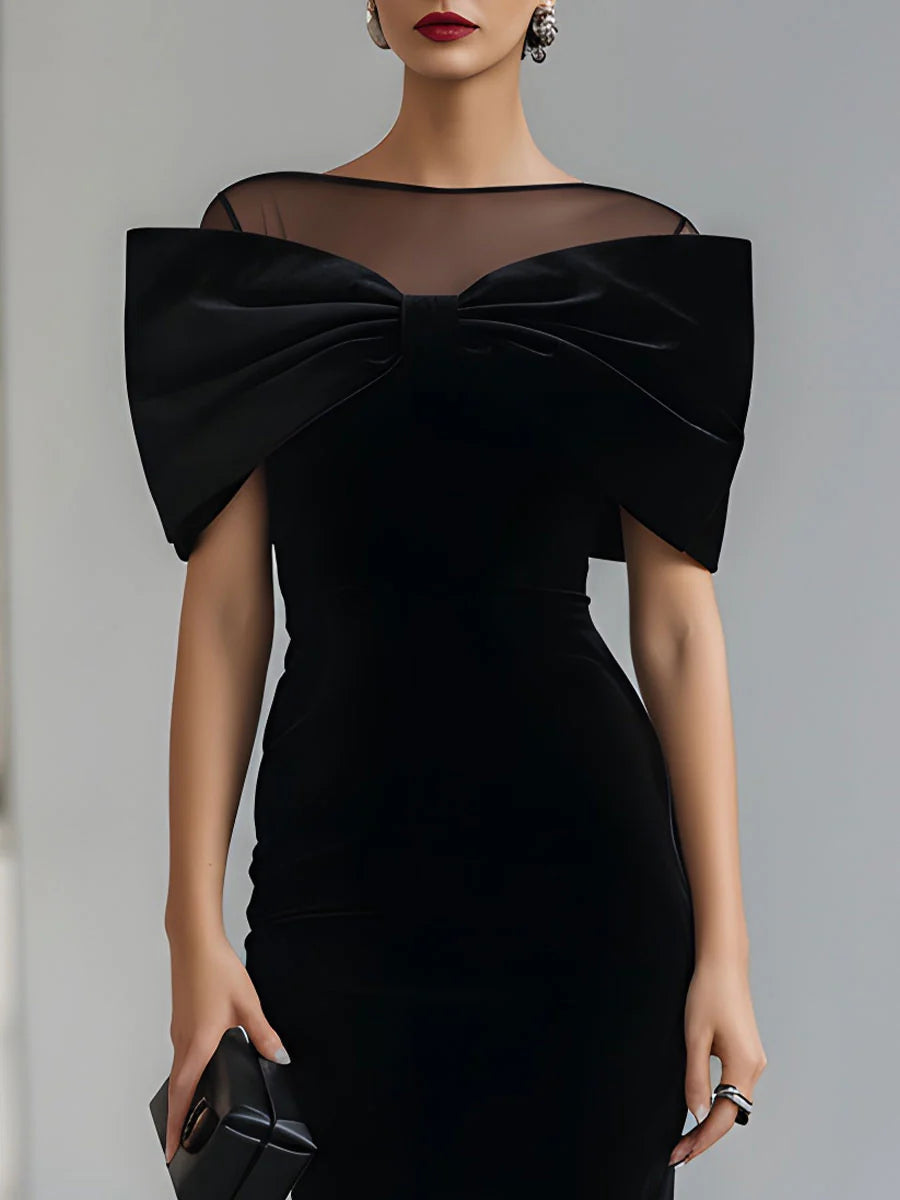 Régine | Robe Midi en Velours Noir, Nœud Spectaculaire