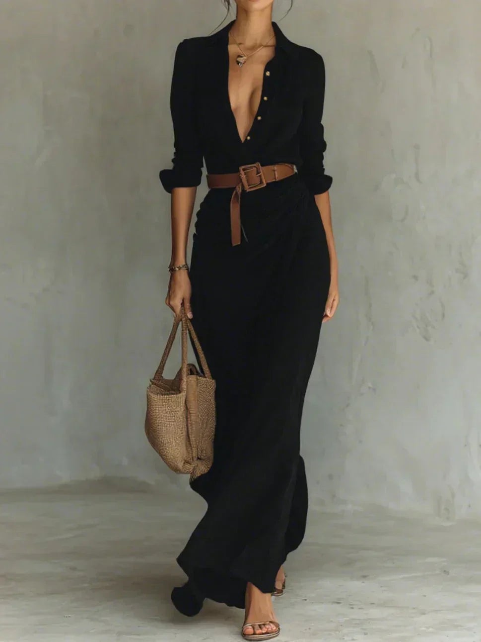 Camille | Robe Maxi à Revers et Ceinture
