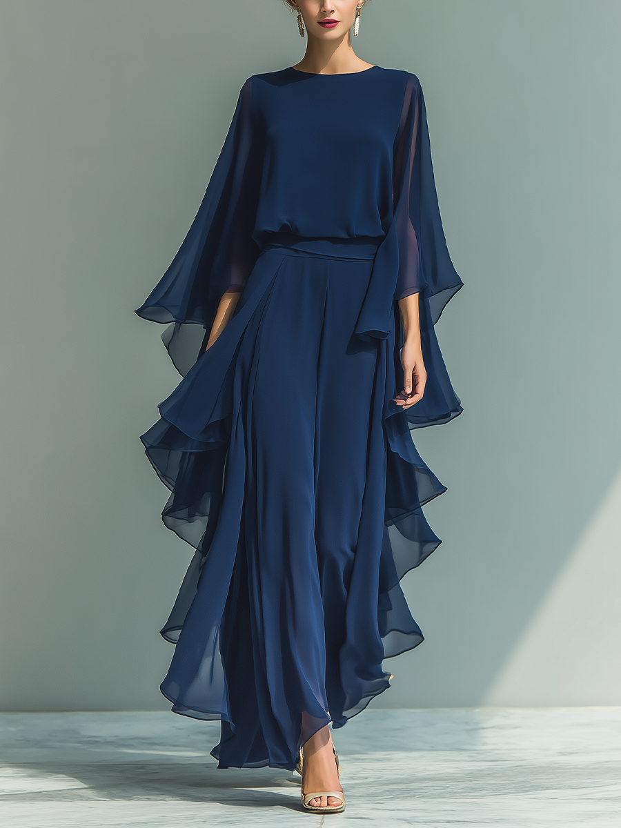 Clarisse | Ensemble Mousseline Bleu Marine, Manches Évasées et Pantalon à Volants