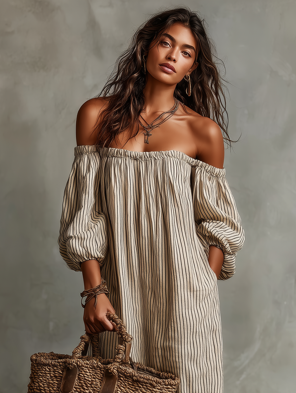 Auriane | Robe Maxi en Coton et Lin, Épaules Dénudées