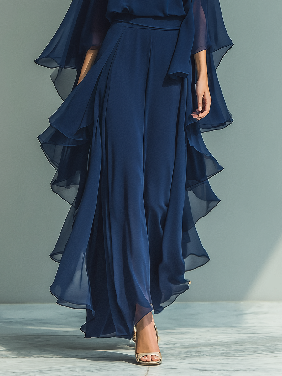 Clarisse | Ensemble Mousseline Bleu Marine, Manches Évasées et Pantalon à Volants