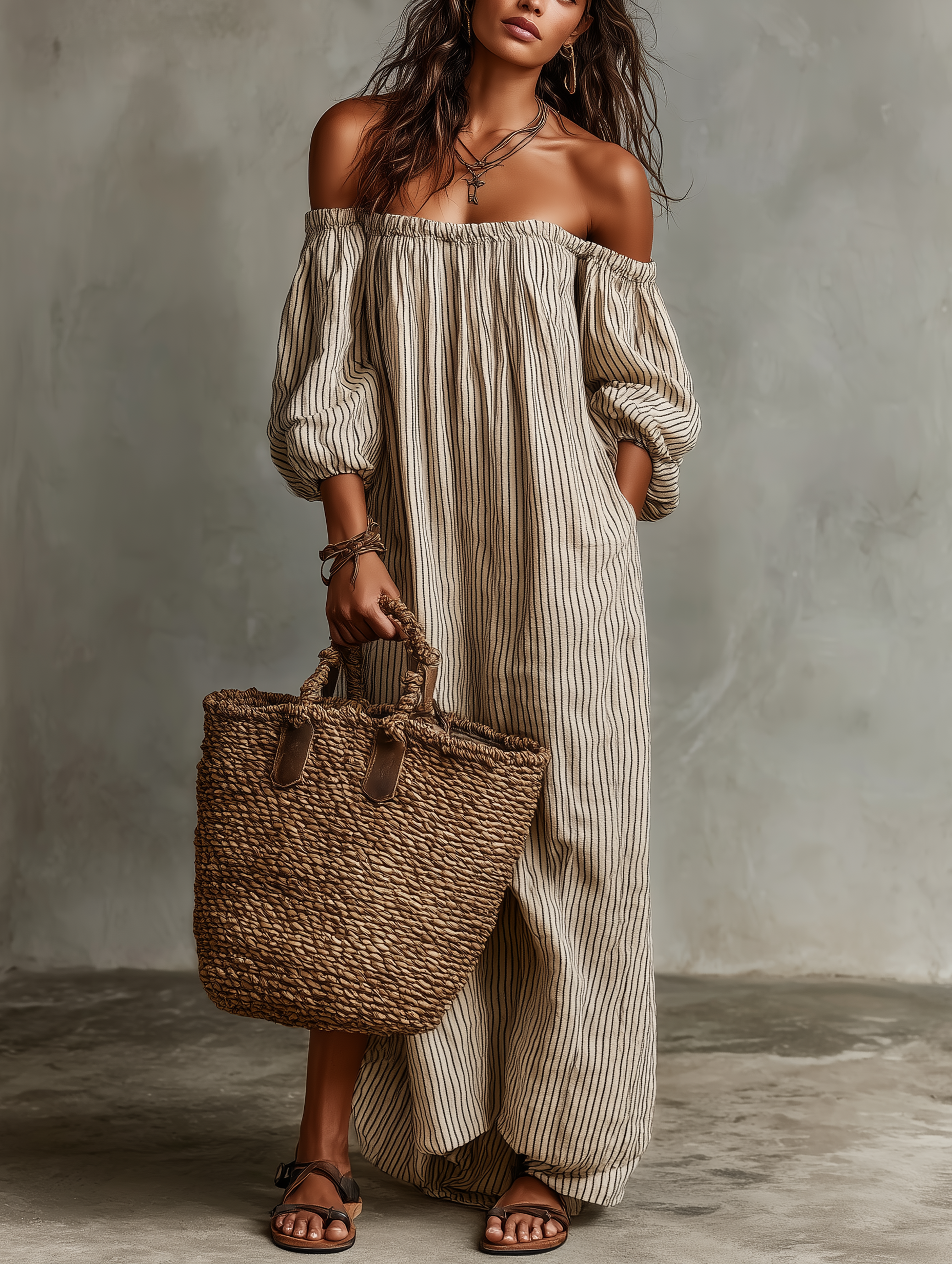 Auriane | Robe Maxi en Coton et Lin, Épaules Dénudées