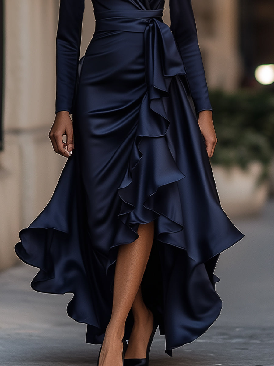 Palmyre | Robe Maxi Drapée en Satin, Volants