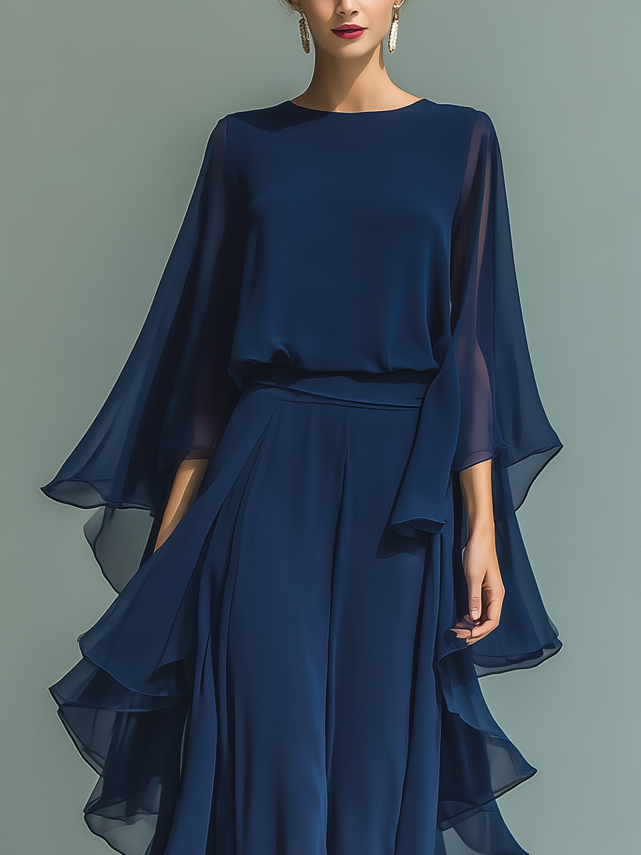 Clarisse | Ensemble Mousseline Bleu Marine, Manches Évasées et Pantalon à Volants