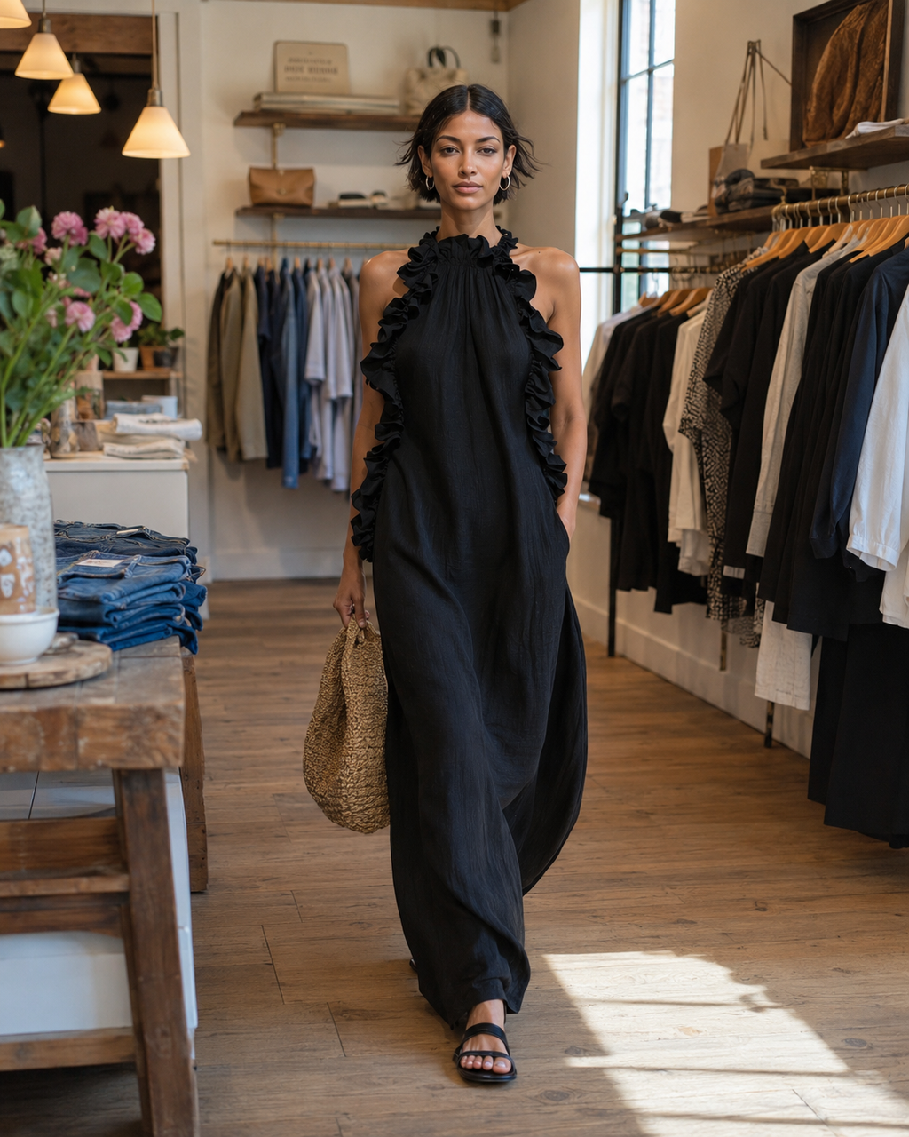 Léonore | Robe Maxi en Lin, Sans Manches, Volants