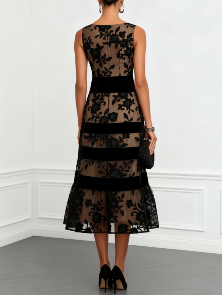 Estelle™ | Robe Midi A-Line Sans Manches en Résille Noire, Fleurs