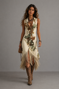 Électre | Robe Midi à Col et Franges, Style Bohème Chic