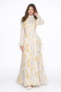 Elisabeth | Robe maxi asymétrique en mousseline beige à col roulé et imprimé peinture à l'huile