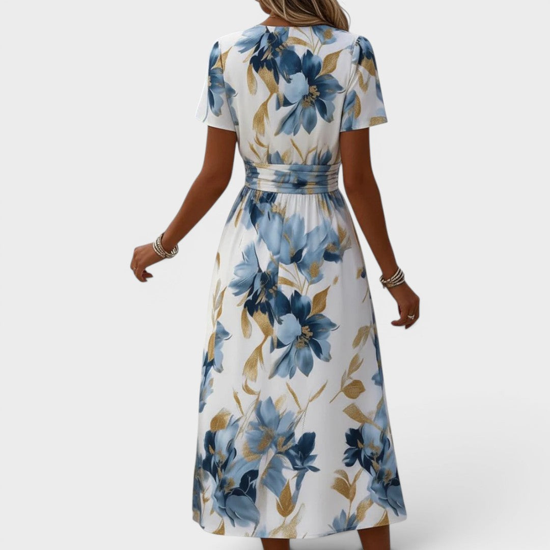 Denise | Robe Midi Fleurie Cache-Cœur à Taille Froncée