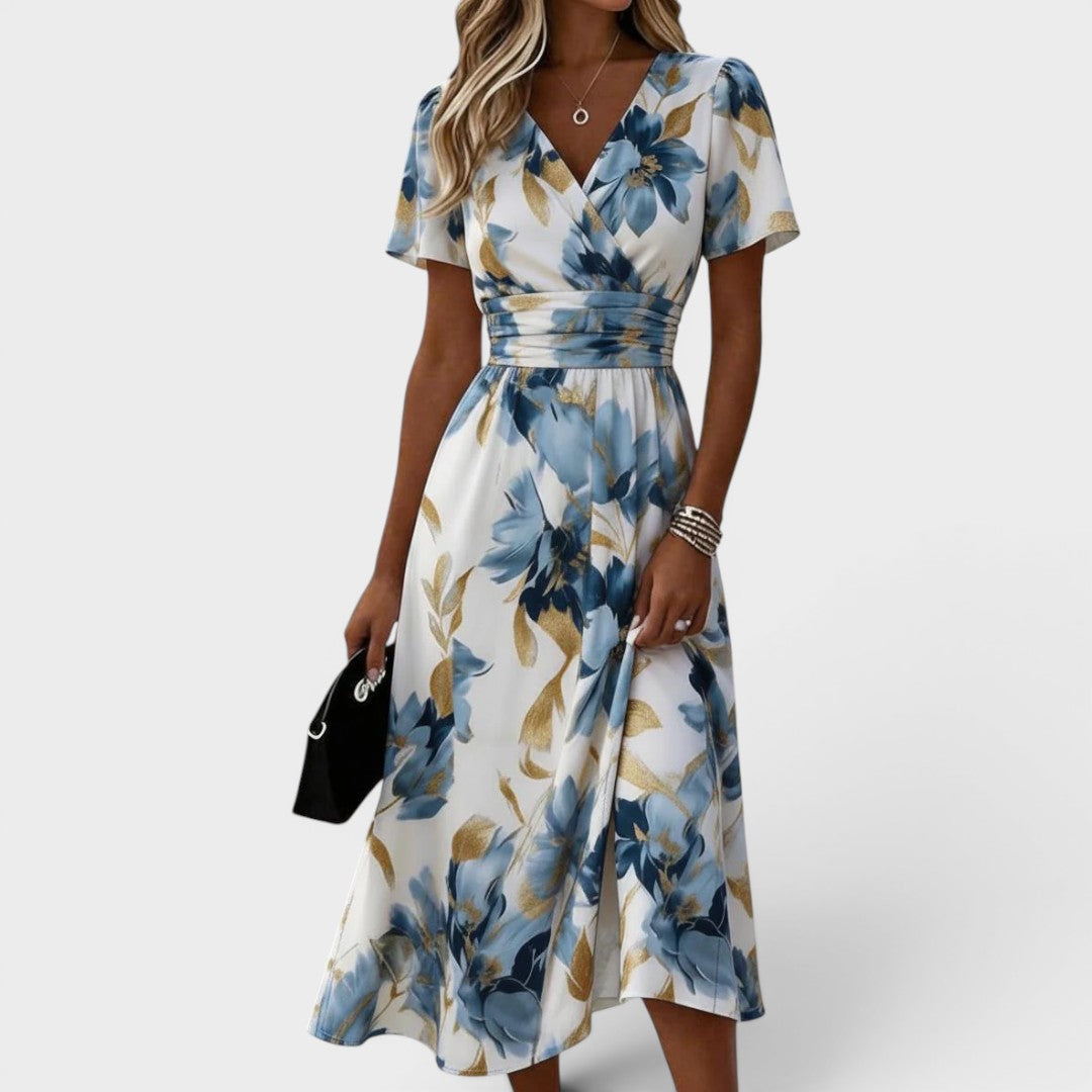 Denise | Robe Midi Fleurie Cache-Cœur à Taille Froncée