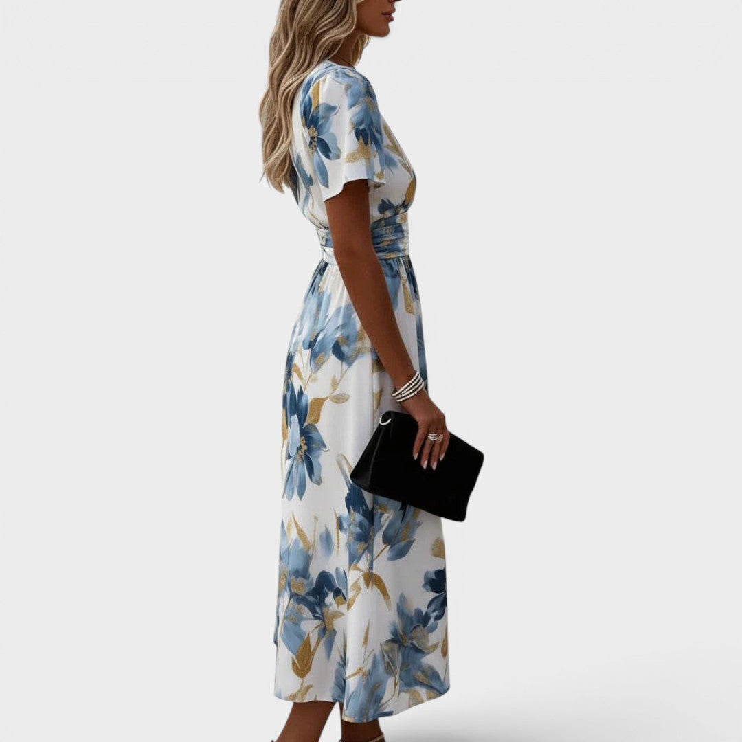 Denise | Robe Midi Fleurie Cache-Cœur à Taille Froncée