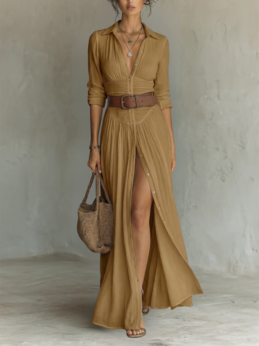 Constance | Robe Maxi Longue, Col Cranté, Manches Longues