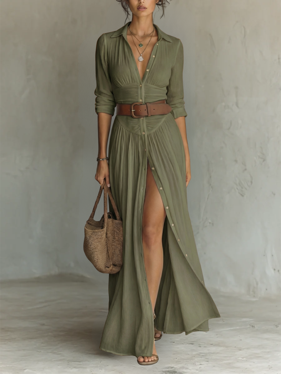 Constance | Robe Maxi Longue, Col Cranté, Manches Longues