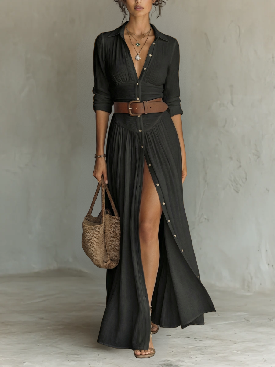 Constance | Robe Maxi Longue, Col Cranté, Manches Longues