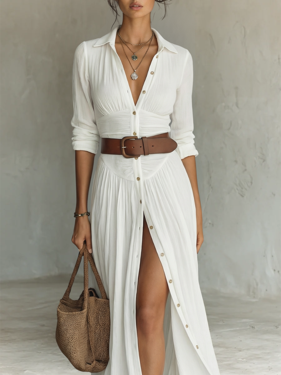 Ivette | Robe Maxi en Lin Blanc à Plis