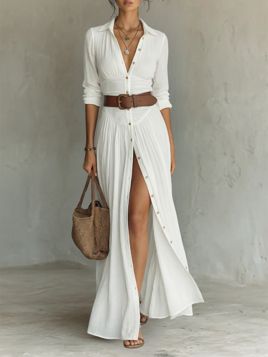 Constance | Robe Maxi Longue, Col Cranté, Manches Longues