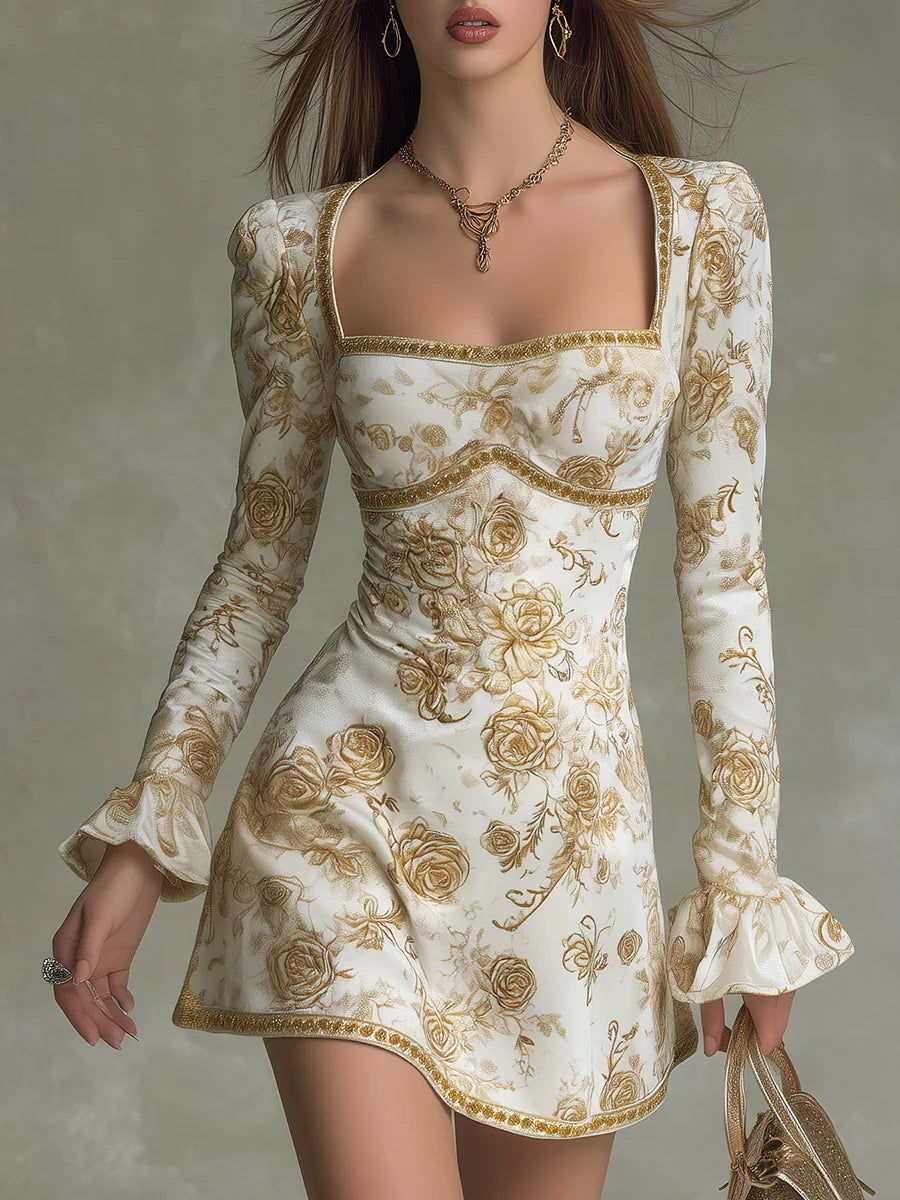 Rosalinde | Mini Robe en Velours, Imprimé Roses Vintage