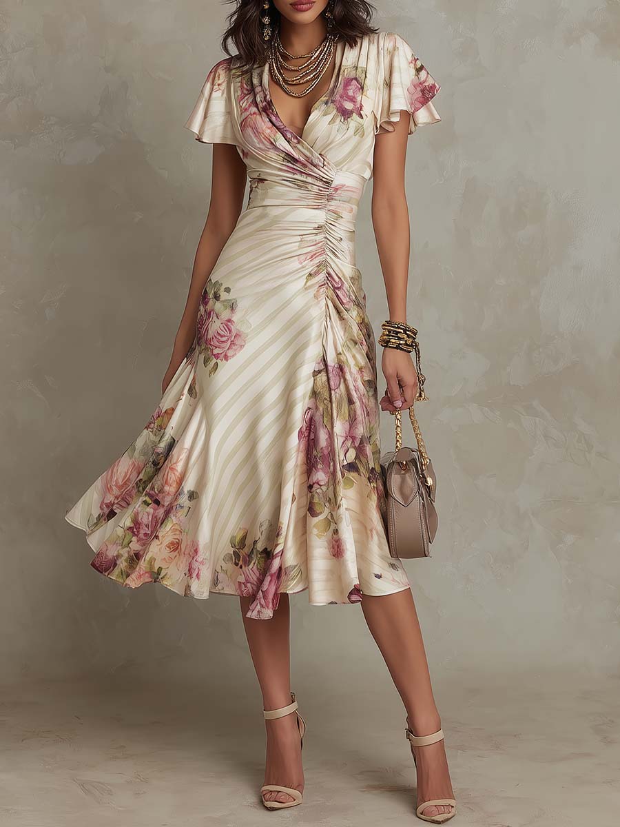 Marguerite | Robe Midi Satinée Florale Vintage