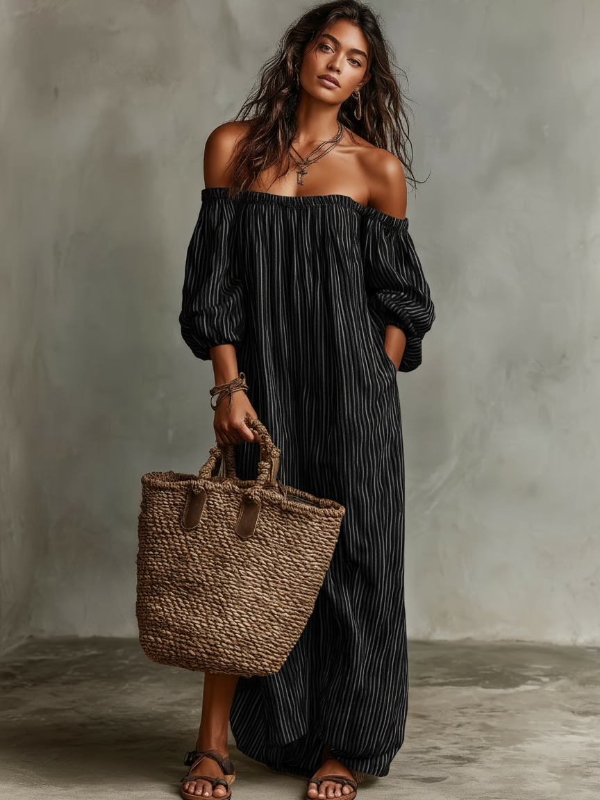 Auriane | Robe Maxi en Coton et Lin, Épaules Dénudées