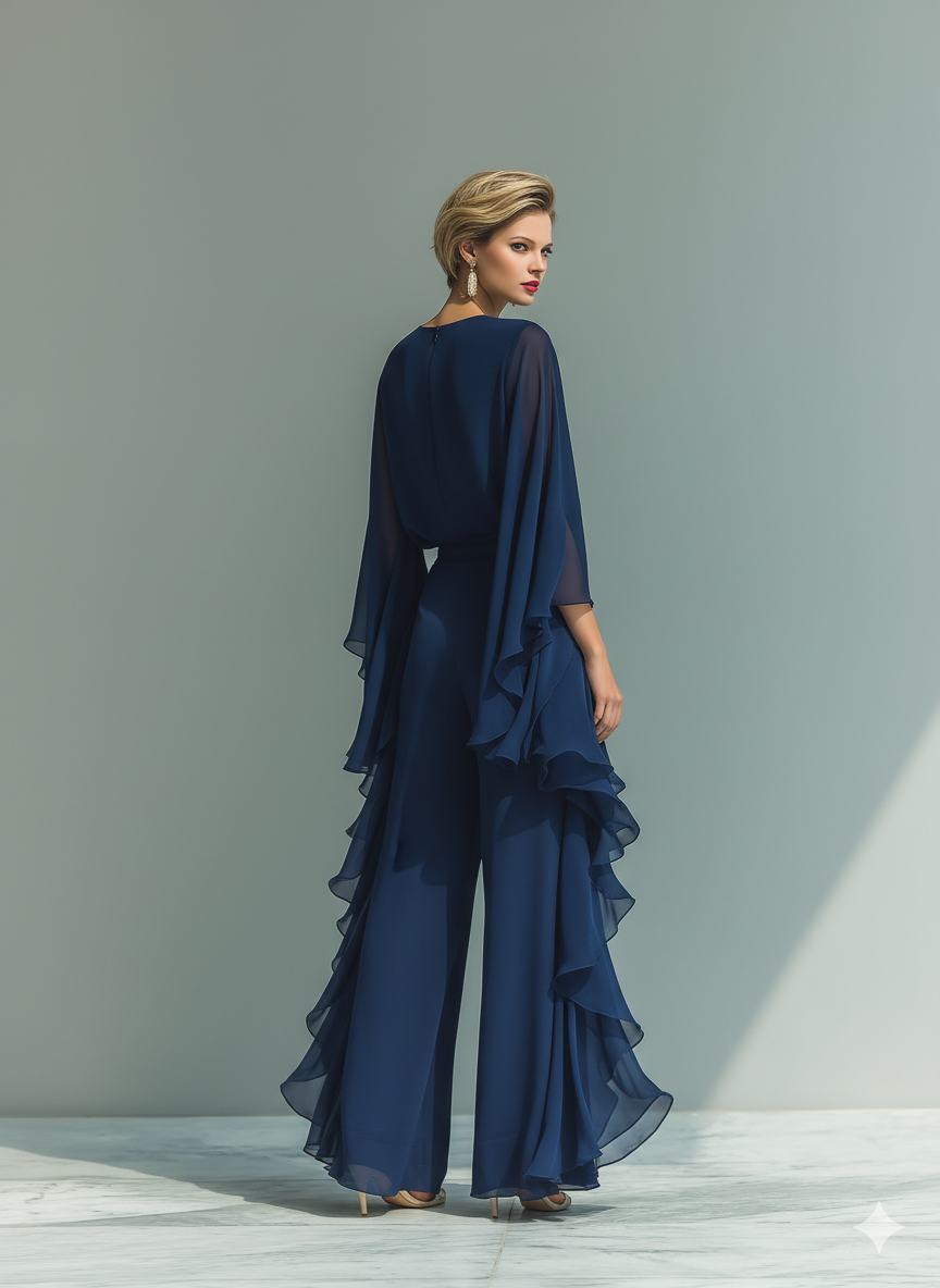 Clarisse | Ensemble Mousseline Bleu Marine, Manches Évasées et Pantalon à Volants