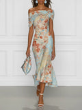 Victoire | Robe midi sirène à épaules dénudées et imprimé floral bleu