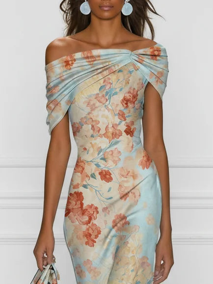 Victoire | Robe midi sirène à épaules dénudées et imprimé floral bleu