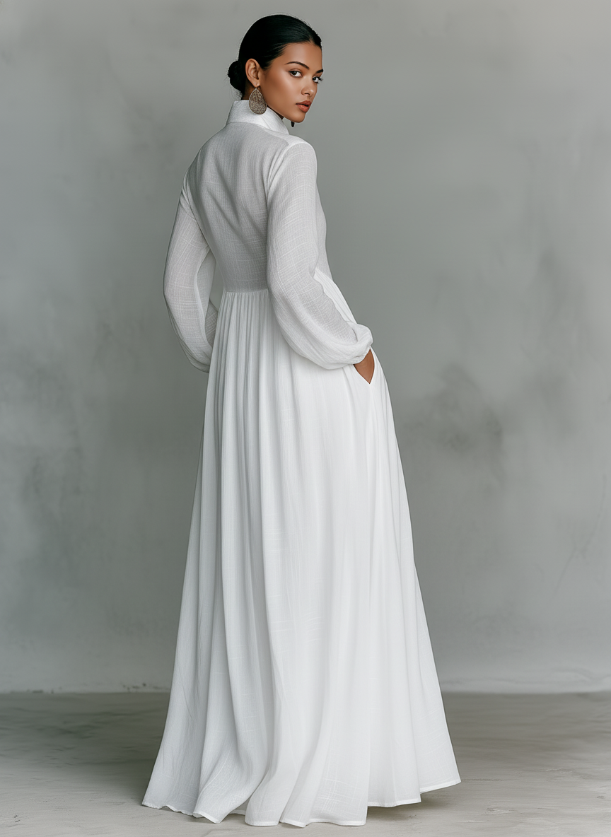 Zoé | Robe Maxi Patchwork en Coton et Lin, Col Montant
