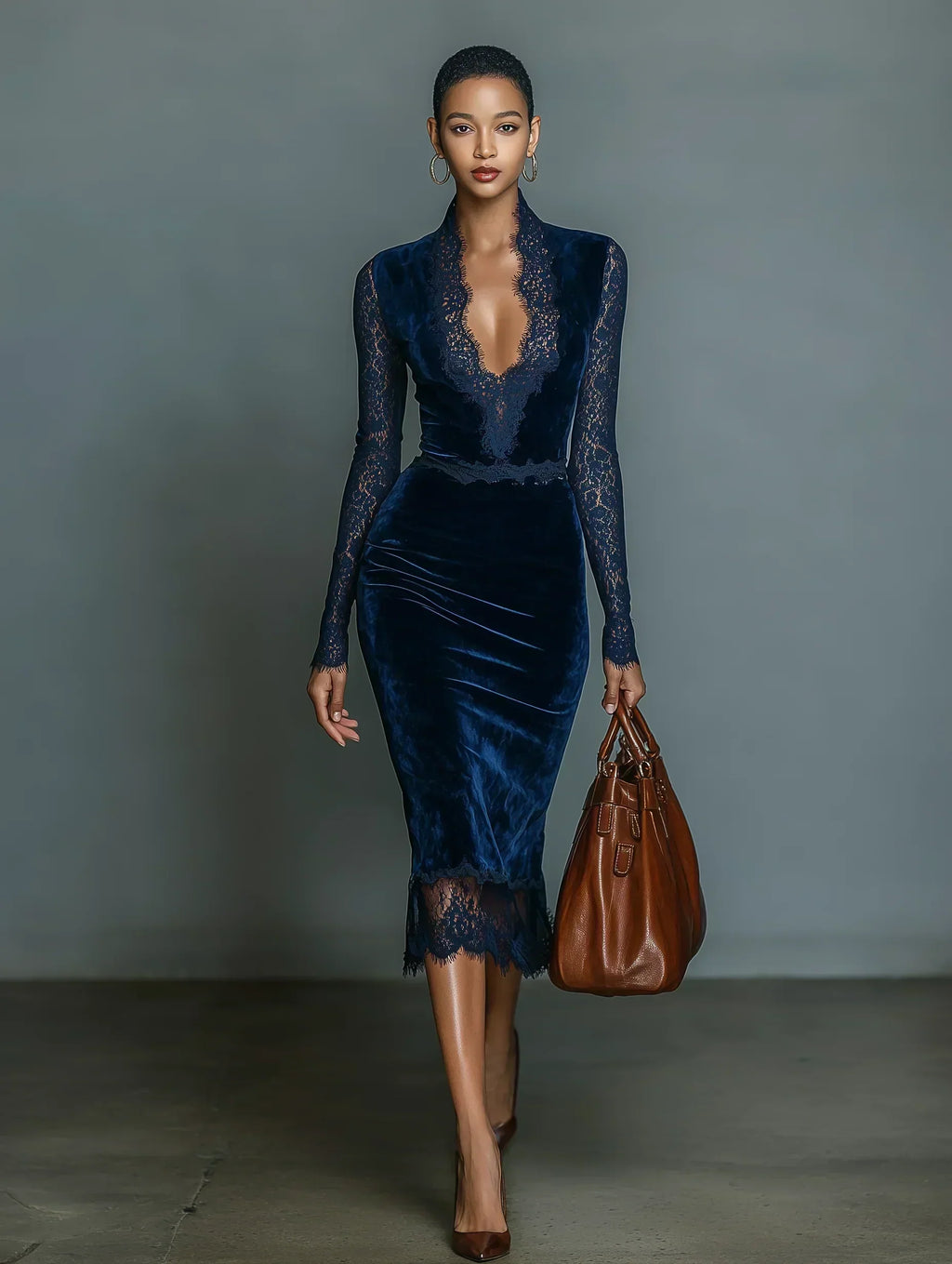 Adeline | Robe Midi en Velours, Col en V, Dentelle