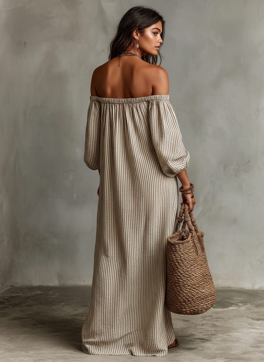 Camélia | Robe Longue en Coton et Lin, Design Épaules Dénudées