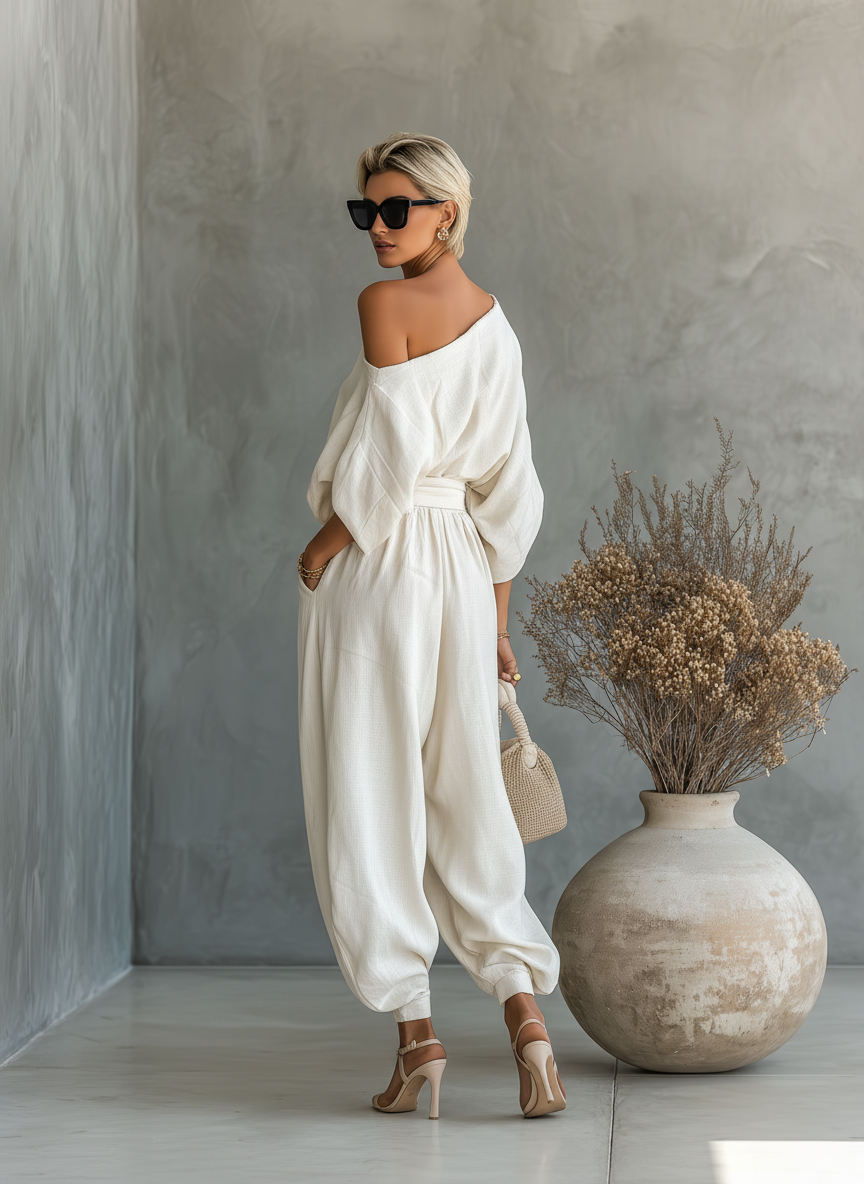 Elsa | Ensemble Lin Blanc Cassé, Épaules Dénudées et Pantalon